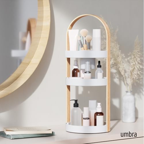 Umbra Bellwood Caddy, Organizer for Makeup and Cosmetics, Durable Rotating Container with Wooden Handle, Large, White/Natural - color: White/Natural, size: Large