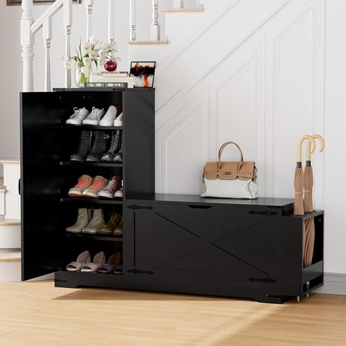 GOODONE 52" Farmhouse Shoe Cabinet with Bench, L-Shaped Shoe Storage Bench with Umbrella Stands, Tall Shoe Organizer Cabinet with Adjustable Shelves for Entryway, Living Room, and Stairwell(Black) - color: Black
