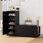GOODONE 52" Farmhouse Shoe Cabinet with Bench, L-Shaped Shoe Storage Bench with Umbrella Stands, Tall Shoe Organizer Cabinet with Adjustable Shelves for Entryway, Living Room, and Stairwell(Black) - color: Black