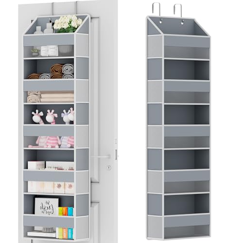 Over The Door Organizer - Over Door Storage Organizer with 5 Large Pockets & 10 Mesh Side Compartments - Heavy-Duty Hanging Storage for Bathroom, Bedroom & Closet - Baby Room Organize - Grey - color: Grey
