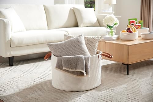 Luxury Little Extra Large Nursery Storage Basket, 22 x 22 x 14 inches - 100% Cotton Rope Baskets with Handles, Laundry Basket for Toys, Blankets & Pillows - Off White with Leather Handles - color: White