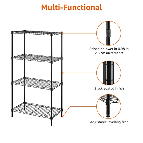 Amazon Basics 4-Shelf Steel Wire Storage Shelves for Garage, Adjustable Metal Shelving Unit, 200 lbs Per Shelf, 23.2" W x 48" H x 13.4" D, Black | Sturdy, Adjustable, Easy Assembly, Storage