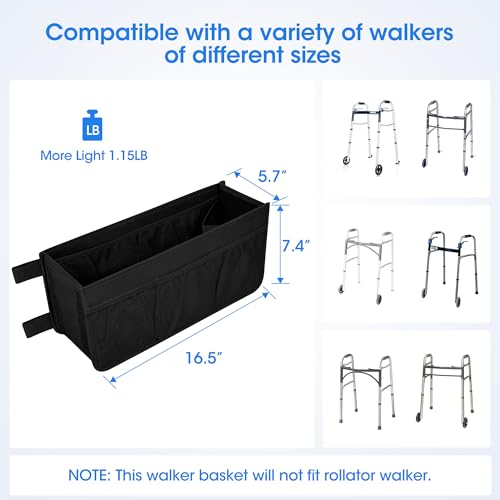 Dotday Upgraded Walker Basket with Cup Holder, Foldable Walker Bag with Large Capacity & Never Tipping Over- Not Fit for Rollator - color: Black