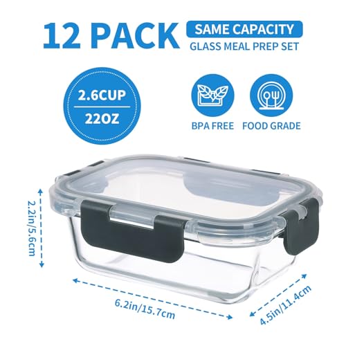 GULFLIN 12 Pack 22oz Glass Meal Prep Containers, Food Storage Containers with Lids, Air-Tight, Leak-Resistant, Freezer to Microwave Safe - Grey Set - color: 22oz,Same Size - 12 Pack,Grey Set