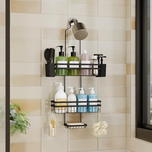 Shower Caddy Hanging for Bathroom Organizers and Storage,3 Tier Adjustable Anti-Swing Shower Organizer Hanging with Heavy-Duty Suction Cups, Damage-Free Rustproof (Black) - color: BLACK, size: regular