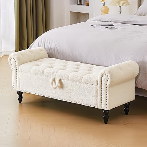 Furnimart Storage Ottoman Bench for Queen Size Bed, Faux Fur Upholstered Storage Bench Accent Bench with Rolled Arms for Bedroom,Living Room, Entryway, 2.5Cubic Feet - color: Faux Fur White