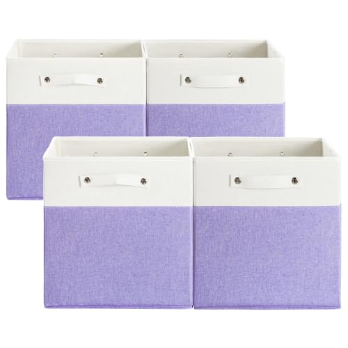 FinishingBo 13 x 13 Inch Fine Linen Storage Bins with Handles，Fabric Cube Boxs，Basket Organizers for Shelves for Home, Closet Drawers (White/Purple-4 Pack) - color: White/Purple-4 Pack