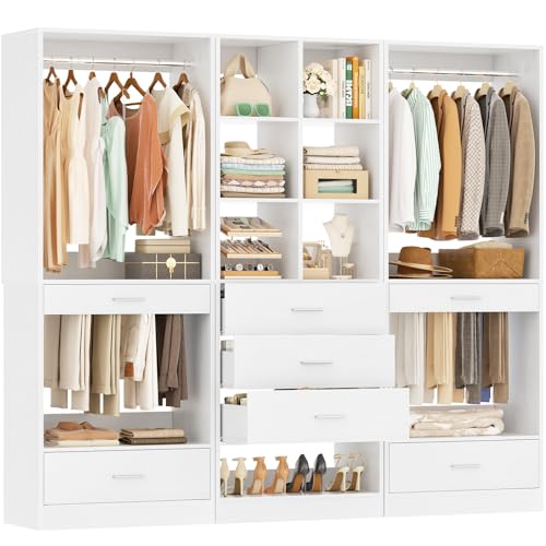Homieasy Closet System Organizer of 3 sets, Wardrobe Closet with 5 Drawers and Partition Storage, 2 Pants Rack, 2 Hanging Rods, Freestanding Closet Organizer for Bedroom & Walk-in Closets, White