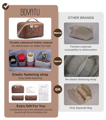 BOYATU Travel Makeup Bags Cosmetic Organizer Bag: 3 Pcs Set Large Capacity Floral Make up Bag with Compartments - Waterproof Leather Toiletry Bags with Handle for Women (19-Brown) - color: 19-Brown