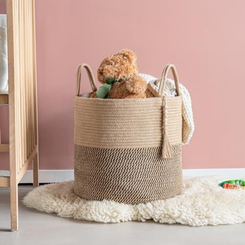 Mkono Woven Storage Basket Decorative Rope Basket Wooden Bead Decoration for Blankets,Toys,Clothes,Shoes,Plant Organizer Bin with Handles Living Room Home Decor, Yellow and Black, 16" W × 13.8" - color: Yellow and Black, size: 16" W × 13.8"L