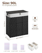 Greenstell Laundry Hamper with 2 Removable Liner Bags, Foldable Divided Clothes Hamper, 90L Handwoven Synthetic Rattan Laundry Basket with Lid and Handles, Easy to Install Black 18.3x13.3x24 Inches - color: Black, size: 90L (18.3x13.3x24.0 Inches)