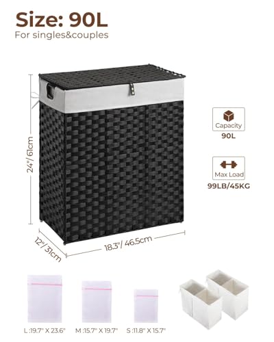 Greenstell Laundry Hamper with 2 Removable Liner Bags, Foldable Divided Clothes Hamper, 90L Handwoven Synthetic Rattan Laundry Basket with Lid and Handles, Easy to Install Black 18.3x13.3x24 Inches - color: Black, size: 90L (18.3x13.3x24.0 Inches)