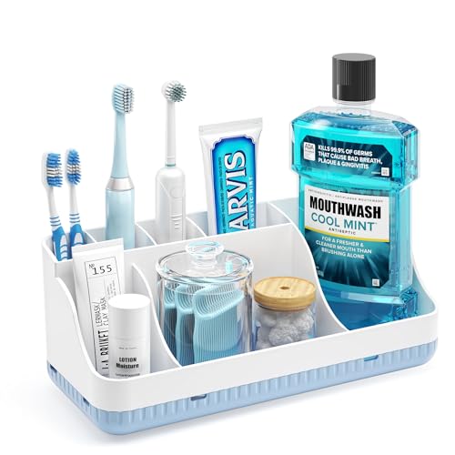 Bathroom Counter Organizer and Storage, 7 Slots Detachable Toothbrush Holders for Bathrooms, Anti-Slip Electric Toothbrush and Toothpaste Holder Countertop Vanity Organizer Accessories for Adults Kids - color: White Blue