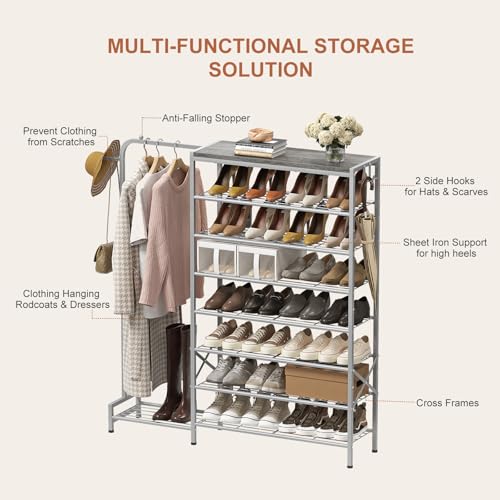 Shoe Rack with Coat Rack, 8 Tier Tall Shoe Storage Organizer with Hooks, 3-in-1, Wooden Top Shelf, Sturdy Frame, Metal Clothes Hanger Stand for Entryway, Closet, Silver - color: Silver
