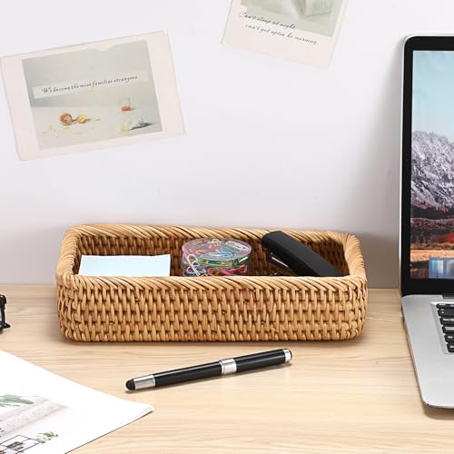 BTSKY Small Remote Basket for Coffee Table Entryway Living Room Rattan Serving Tray 10.1” x 6.1” Handwoven Wicker Baskets Decorative Tray for Wallet Remote Control Trinkets Rings Cosmetics Crackers - color: Natural, size: 10.1 x 6.1 x 1.8 inches