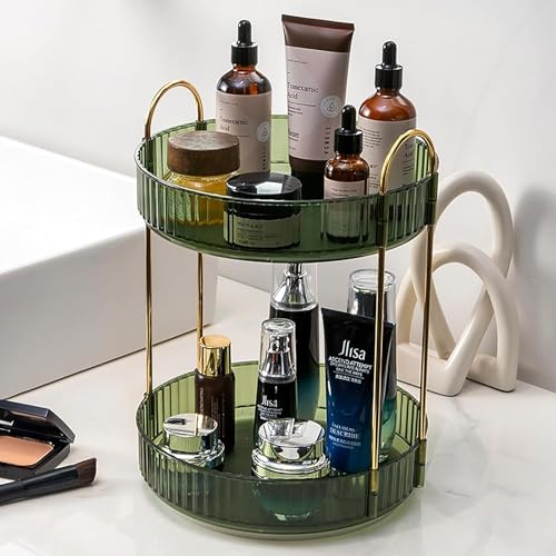 Rotating Makeup Organizer Countertop 2 Tier Lazy Susan Trays Clear Skincare Perfume Storage for Bathroom Counter Vanity, Green Gold - color: Green, size: 2 Tier