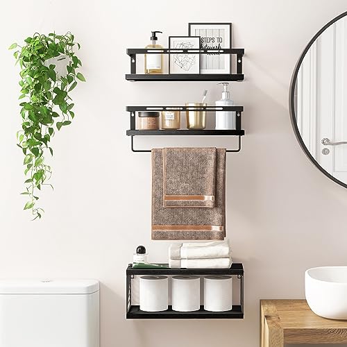 Fixwal 3+1 Tier Wall Mounted Bathroom Shelves Over Toilet, Rustic Wood Floating Shelves with Metal Frame and Towel Bar for Bathroom, Kitchen, Bedroom, Living Room (Black) - color: 5-black