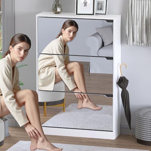 BORNOON Shoe Cabinet with 3-Flip Mirror Drawers, Freestanding Shoe Rack Organizer with Hidden Handle, Slim Narrow Shoe Storage Cabinet for Entryway, Entrance, Hallway, Bedroom - color: White, size: 3-Drawer with Mirror
