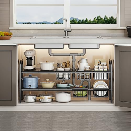 Under Sink Organizer，2 Tier Expandable Heavy Duty Metal Shelf，with 5 Removable Panels and 5 Storage Basket for Under Kitchen Bathroom Sink Organizers and Storage(X-Large,Black) - color: Black, size: X-Large