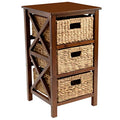 eHemco 3 Tier X-Side End Storage Cabinet with 3 Wicker Baskets, Walnut - color: Walnut, size: 14"D x 14"W x 25"H (3 Drawers)