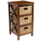 eHemco 3 Tier X-Side End Storage Cabinet with 3 Wicker Baskets, Walnut - color: Walnut, size: 14"D x 14"W x 25"H (3 Drawers)