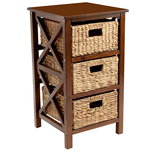 eHemco 3 Tier X-Side End Storage Cabinet with 3 Wicker Baskets, Walnut - color: Walnut, size: 14"D x 14"W x 25"H (3 Drawers)