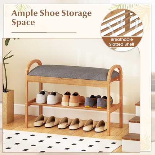 Giantex Shoe Bench with Flip-Top Storage, Bamboo 2-Tier Entryway Bench with Padded Cushion, Shoe Rack Bench for Hallway, Closet, Foyer, Living Room, Bedroom, Mudroom (with Flip-Top Storage) - size: 12.5"D x 27.5"W x 20"H（With Flip-Top Storage）