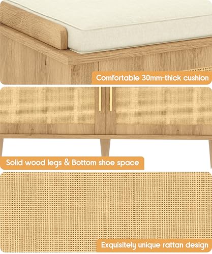 Akxomel Rattan Shoe Storage Bench with Cushion, 2-Tier Entryway Bench with Adjustable Shelves and 2 Doors, 15" D x 39.4" W x 20" H, Solid Wood Legs, for Hallway, Living Room, Bedroom, Natural Oak - size: 15"D x 39.4"W x 20"H