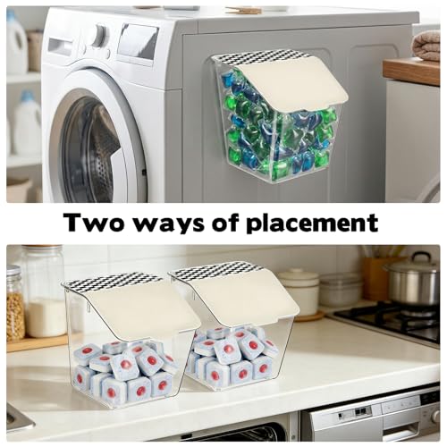 Rainmae 2 Pack Laundry Pods Container with Lids Wall-Mounted Dishwasher Pods Holder for Powder Dryer Balls and Scent Booster Beads Space Saving Plastic Storage Container for Laundry Room Organization