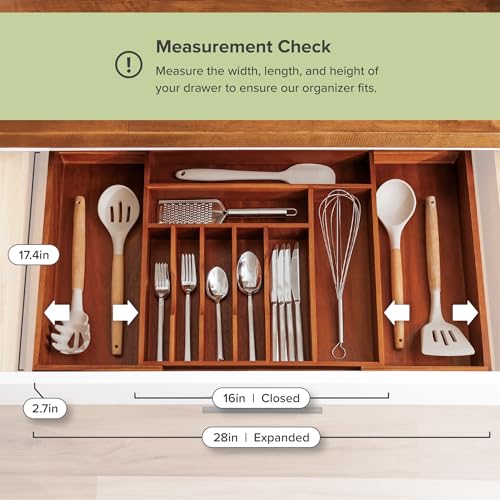 KitchenEdge Premium Silverware, Flatware and Utensil Organizer for Kitchen Drawers, Food-Safe Contract Grade, Expandable from 16 to 28 In, Natural Acacia - color: Natural Acacia, size: From 16" to 28" wide
