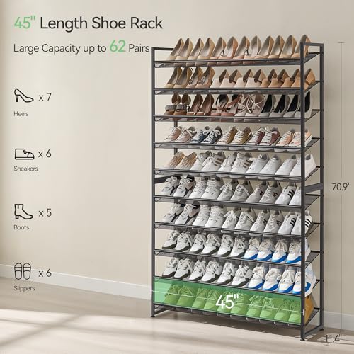 Nunsino Shoe Rack, Long Shoe Organizer,Max Holds 62 Pairs,10 Tier Metal Shoe Storage Shelf,5-Tier Stackable Shoes Organizer for Garage, Entryway,Black - color: Black, size: 10 Tier