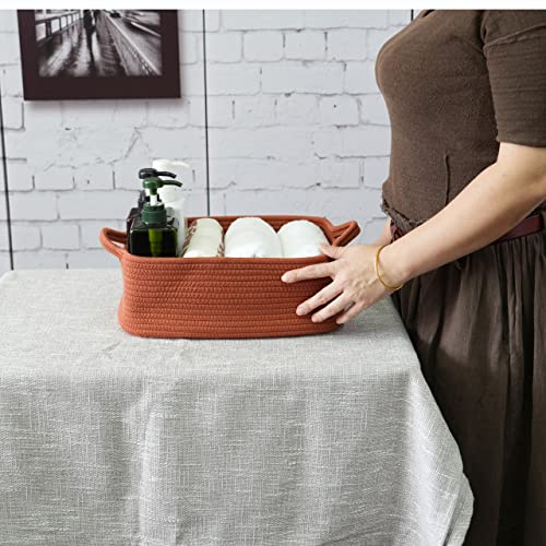 XUANGUO Woven Cotton Rope Storage Basket with Handles for Organizing Shelves Closet Small Cat Dog Pet Toy Baskets Box Bin Decorative Rectangle Baby Nursery Basket Gift Basket Empty (Rust) - color: rust