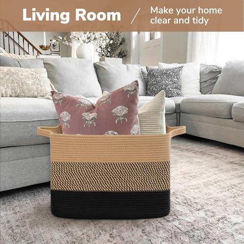 Goodpick Large Woven Basket 18" x 14" x 12" Cotton Rope Storage Baskets for Organizing, Rectangle Wicker Laundry Basket with Handles, Toy Baskets for Kids, Black & Jute - color: Gradient Black, size: 18"L x 14"W x 12"H