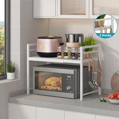 DOLALIKE Microwave Oven Rack, Expandable Microwave Stand Kitchen Countertop Organizer Utensils Storage, Carbon Steel Over Microwave Shelf with 3 Hooks (White, 2 Tier) - color: White, size: 2 Tier (Without Spice Rack)