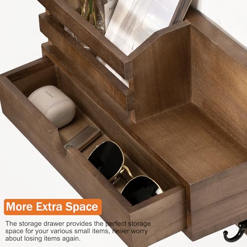dreampossible Key and Mail Holder for Wall, Mail Organizer Wall Mount with 6 Hooks and Storage Drawer, Wooden Key Rack Hanger with Shelf for Entryway and Home Decor - color: Brown, size: Standard(11.6''x7.9'')