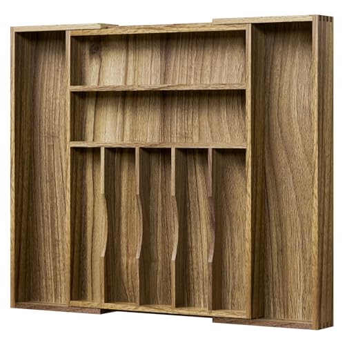 Kiasthome Acacia Wood Kitchen Silverware Drawer Organizer, Expandable Utensil Cutlery Drawer Organizer with Dividers, Flatware Organizer Silverware Tray for Spoon, Fork, 13''-20''x16.9'' (7-9 Slots) - size: 9 Slots Expandable