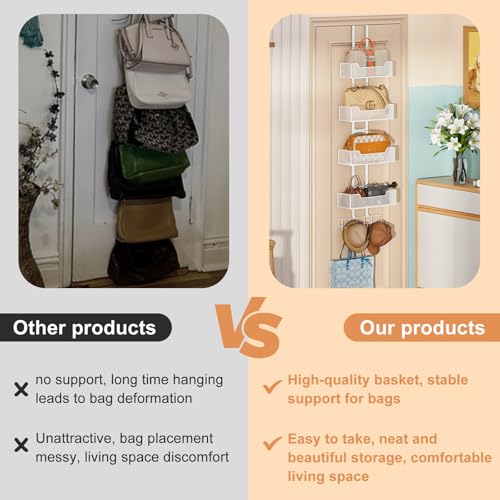 Dmevkic Purse Organizer Over the Door,Adjustable Metal Purse Holder Handbag with 5 Hooks, Purse Organizer for Closet, Bathroom Door Organizer,White - color: White