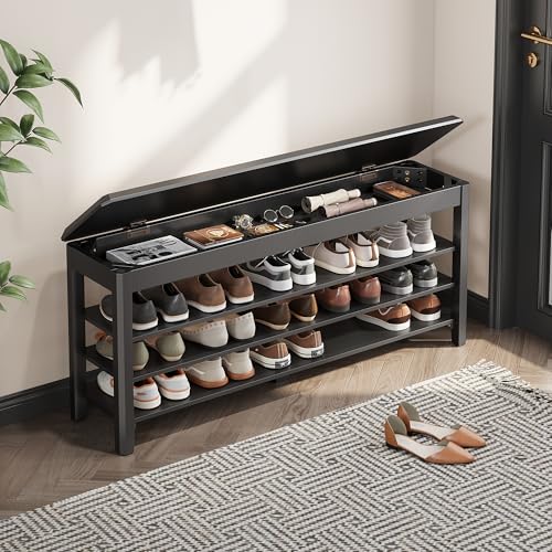 IUNVR Shoe Rack Bench Seat Rubberwood 3-Tier Wooden Storage Bench 550lbs Compact Mid-Century Modern Design for Entryway, Hallway, Closet, Front Door Entrance, Foyer - color: Black-3 Tier(wood), size: 47.2"W x 11.8"D x 20.5"H