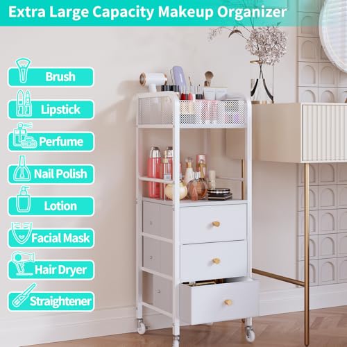 HapiRm Rolling Makeup Cart Organizer - Floor Skincare Make Up Storage with 3 Non-woven Fabric Drawers, Vanity Organizer Cosmetic Display Cases Holder for Skin Care Perfume Nail Polish Brush Hair Tool - color: White