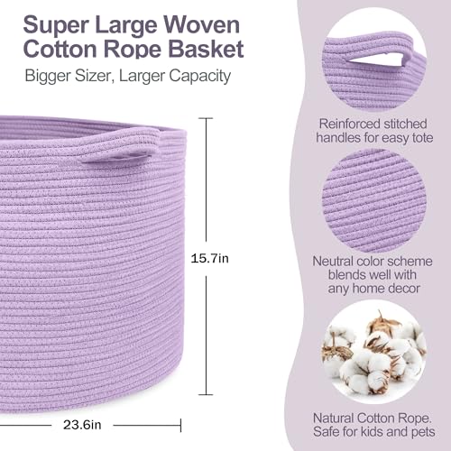 MEGASKET 115L Extra Large Purple Storage Basket, 23.6" X 15.7" Jumbo Woven Cotton Rope Bin for Throw Blankets Pillows, Baby Laundry Basket, Dirty Clothes Organizer, Big Storage Box for Toys, Towels - color: Purple, size: 23.6"x23.6"x15.7"
