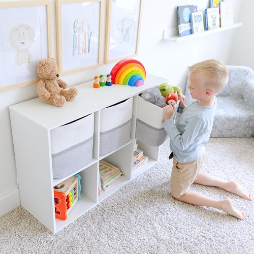 NaturalCozy Storage Cubes 11 Inch Cotton Rope Woven Baskets for Organizing, 3-Pack | Cube Storage Bin | Square Storage Baskets for Shelves Organizer, Classroom, Kids Toy Bins, Closet, Baby Nursery - color: Off White & Gray & Mixed Gray