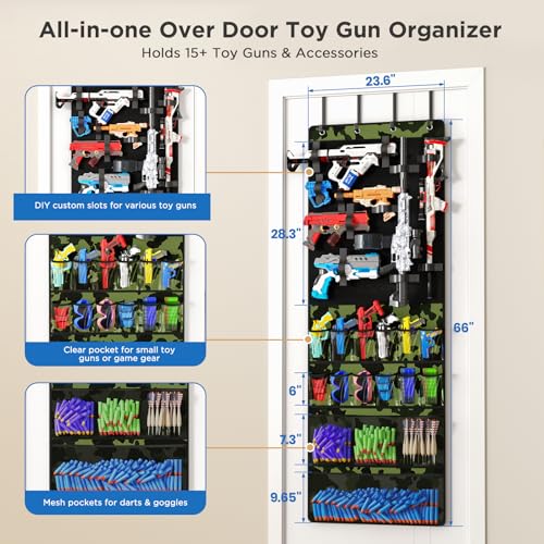 Mefirt Over the Door Organizer for Toy Guns, Toy Gun Storage Organizer with Pockets and Slots for Kids Foam Blasters, Darts, Goggles, Over Door Toy Storage Hanger for Kids Rooms, Game Rooms, Green - color: Green