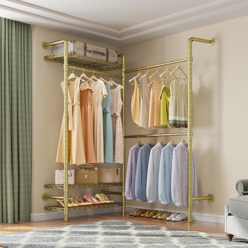 Timate L2 Wall Mounted Clothes Rack Industrial Pipe Clothing Rack for Hanging Clothes, Adjustable Expandable Garment Rack Heavy Duty Closet Organizer, Gold Mounted Closets Industrial Closet System - color: Gold