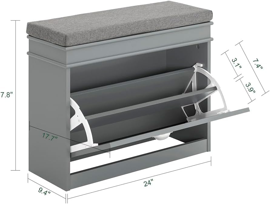 Haotian Grey Hallway Shoe Bench, Narrow Shoe Rack with Adjustable Shelf, Small Shoe Cabinet with 1 Flip-Drawer and Seat Cushion, FSR82-K-HG - color: Grey, size: 1 Drawer:24x9.4x20"