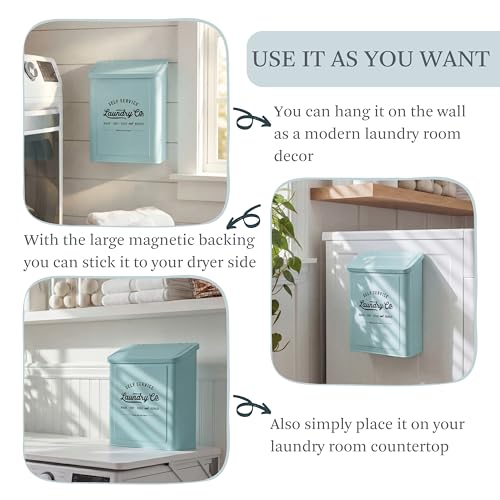 MONJITA Magnetic Lint Bin for Laundry Room, Metal Trash Can with Lid for Dryer, Farmhouse Lint Holder, Laundry Co Sign, Laundry Room Storage Decor with Dryer Lint Brush (Mint) - color: Mint