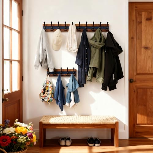 SKOLOO Rustic Wall Mounted Coat Rack - 38-1/8" Long Coat Hooks for Wall with 10 Triple Hooks for Hanging Coats, Hats or Tools, Western National Parks Collection, Wood Brown & Blue - color: Blue & Brown Plates & Black Hook, size: 1 Item-10 Hooks