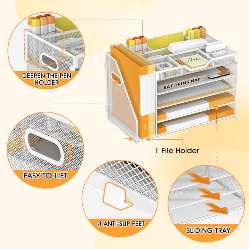 5 Tier Paper Letter Tray with File Holder and 3 Drop-in Pen Holders, Mesh Desk File Organizer with Handle, Desk Organizers and Accessories for School,Home, Office Supplies Storage-White - color: White, size: 15.4" x 9.1" x 10.3"