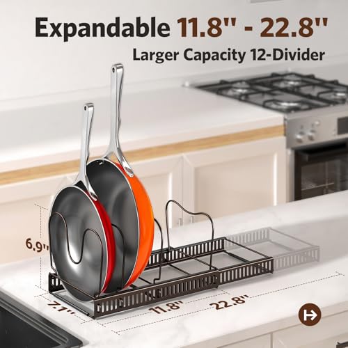 ORDORA Pots and Pans Organizer under Cabinet with Pan Holder: Expandable 11.8"-22.8" Kitchen Cabinet Organizer Rack, 12 Adjustable Dividers Storage for Cookie Sheets, Cutting Boards & Lid, Bronze - color: Bronze, size: 12 Dividers