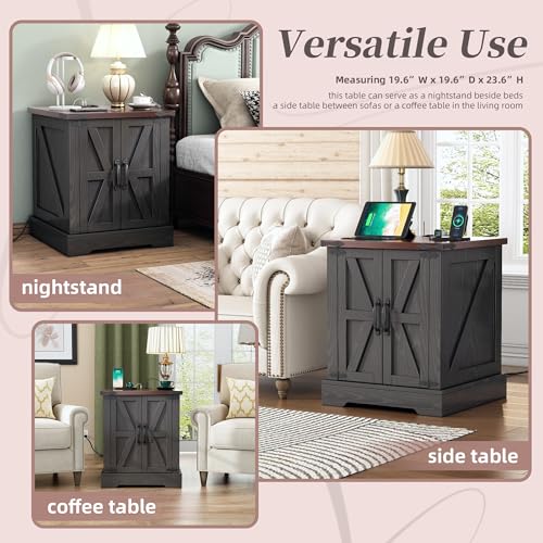 Farmhouse End Table with Charging Station, Rustic Wood Nightstand with Adjustable Shelf, 19.6"W Versatile Walnut Sofa Side Table with Barn Doors and Retro Hinges for Bedroom, Living Room (Grey-kk025) - color: Grey-kk025