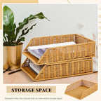 Yeaqee 2 Pcs Paper Tray Organizer for Desk Woven Letter File Organizer A4 File Tray Desk Paper Basket Letter Size Imitation Rattan Holder Organization Rack for Office Storage(Brown,Sleek Style) - style: Sleek Style